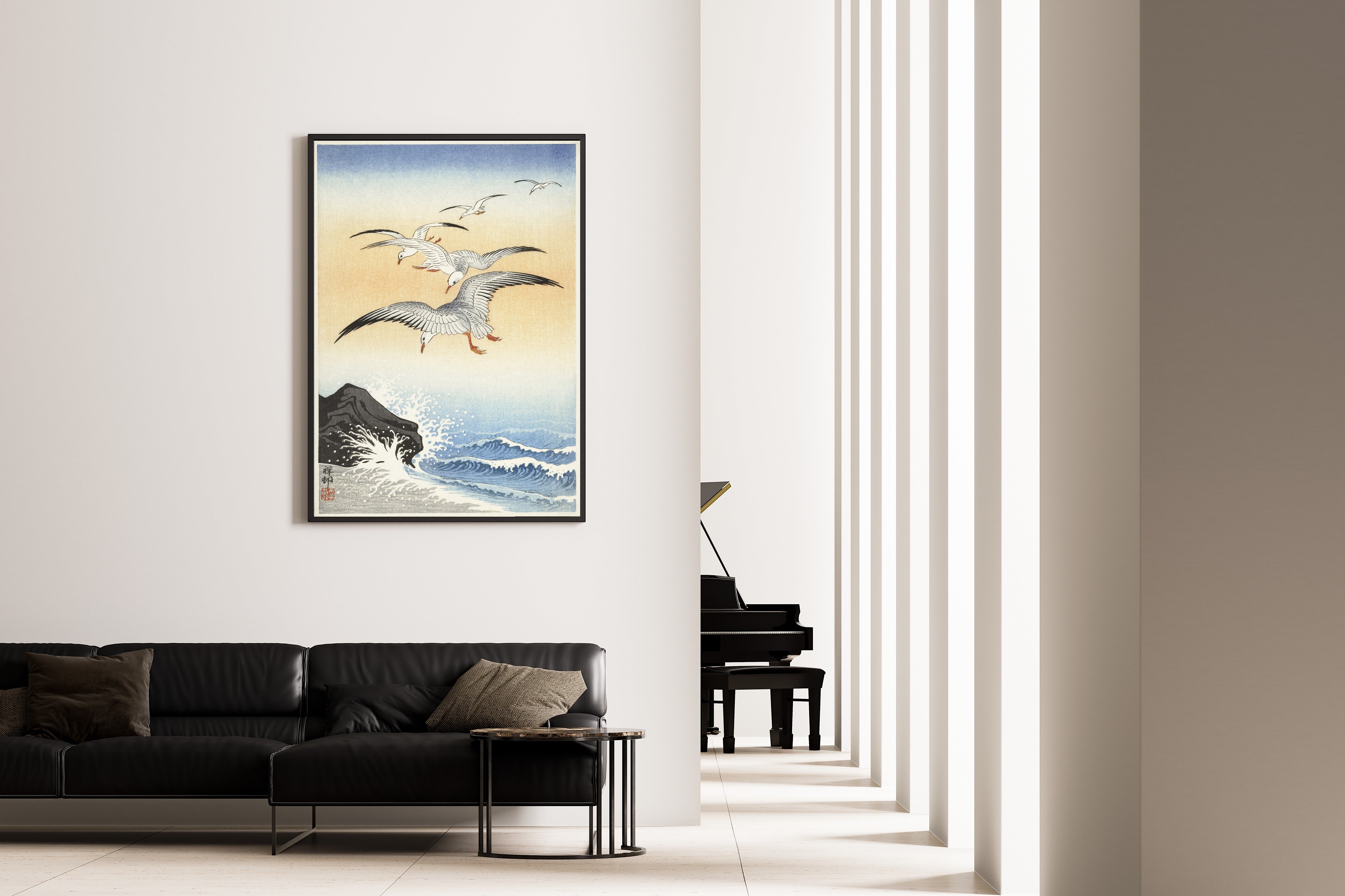 Ohara Koson — Five Seagulls above a Turbulent Sea | Japanese Bird & Flower Woodblock Print