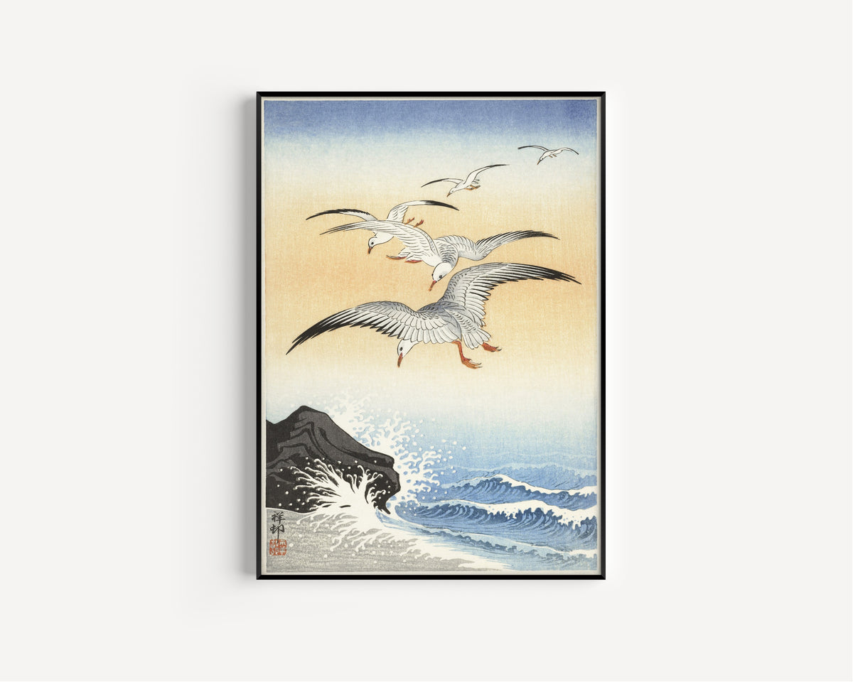 Ohara Koson — Five Seagulls above a Turbulent Sea | Japanese Bird & Flower Woodblock Print