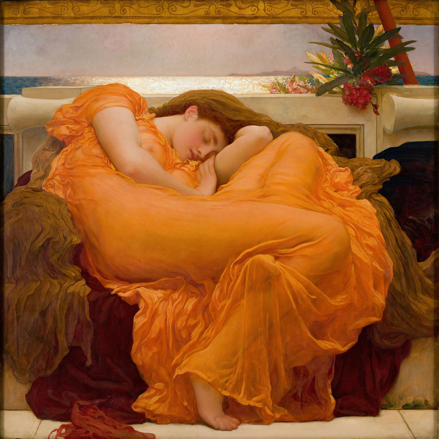 Frederic Leighton — Flaming June | Art Print shown to scale on a wall above a sofa