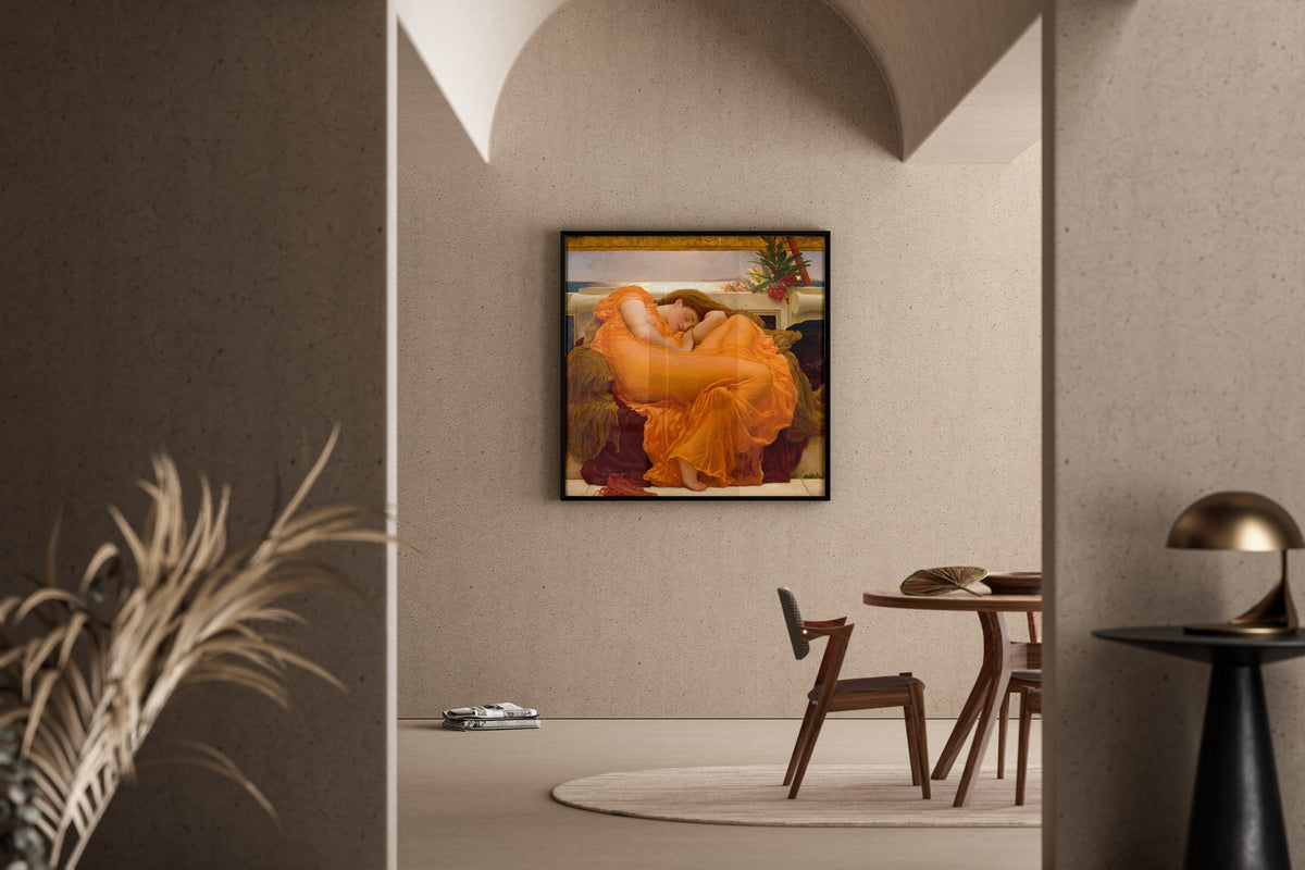 Framed art print of Flaming June by Frederic Leighton, in a sunlit dining corner