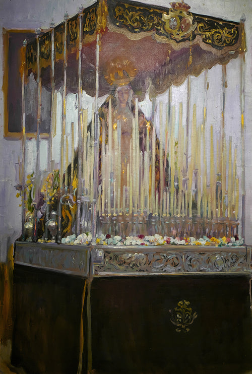 Float of the Virgen del Rosario de Montesión, Seville by Joaquín Sorolla — A candlelit procession float of the crowned Virgin under a dark canopy