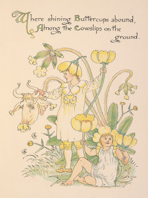 Flora's Feast: Buttercups by Walter Crane — A buttercup-capped child and a cow's flowery head in the meadow