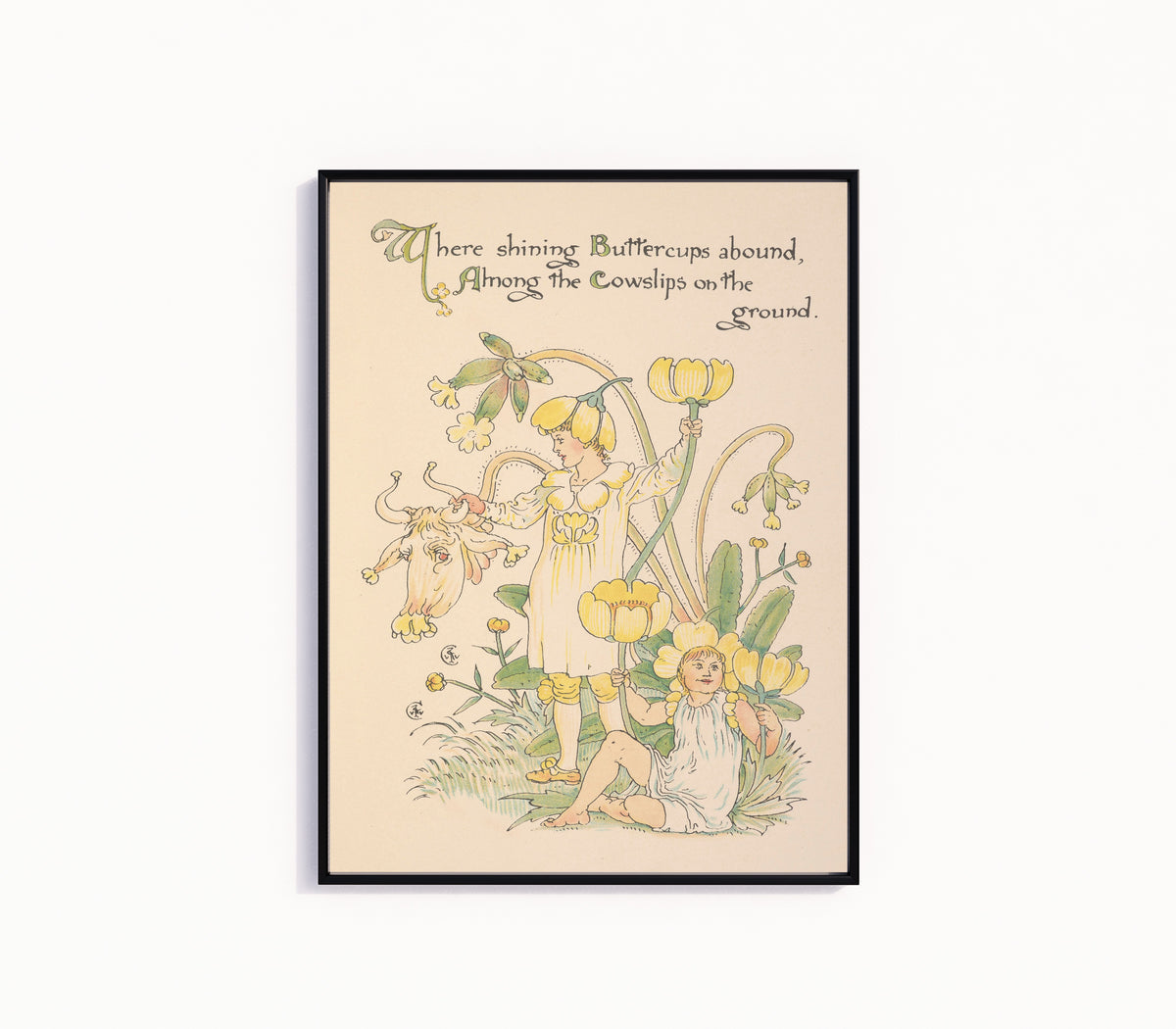 Framed art print of Flora's Feast: Buttercups by Walter Crane, in a slim black frame on a plain white wall