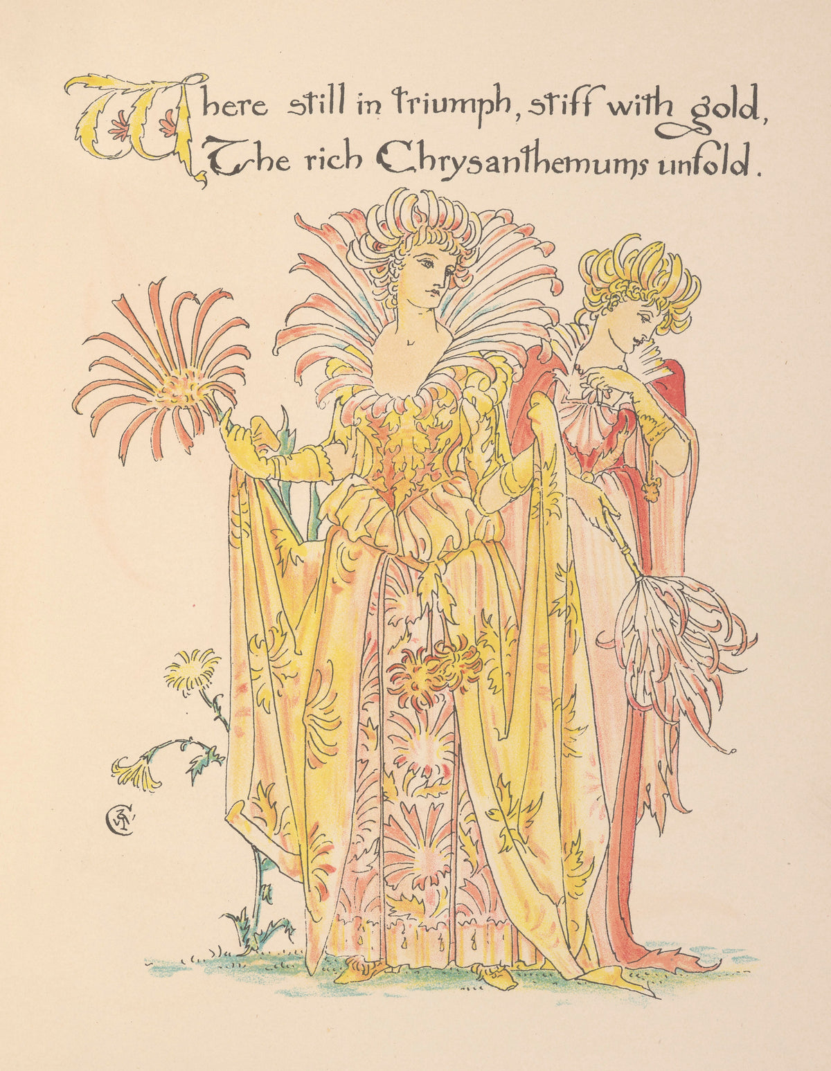 Flora's Feast: Chrysanthemums by Walter Crane — Two chrysanthemum women in gold and coral petal gowns
