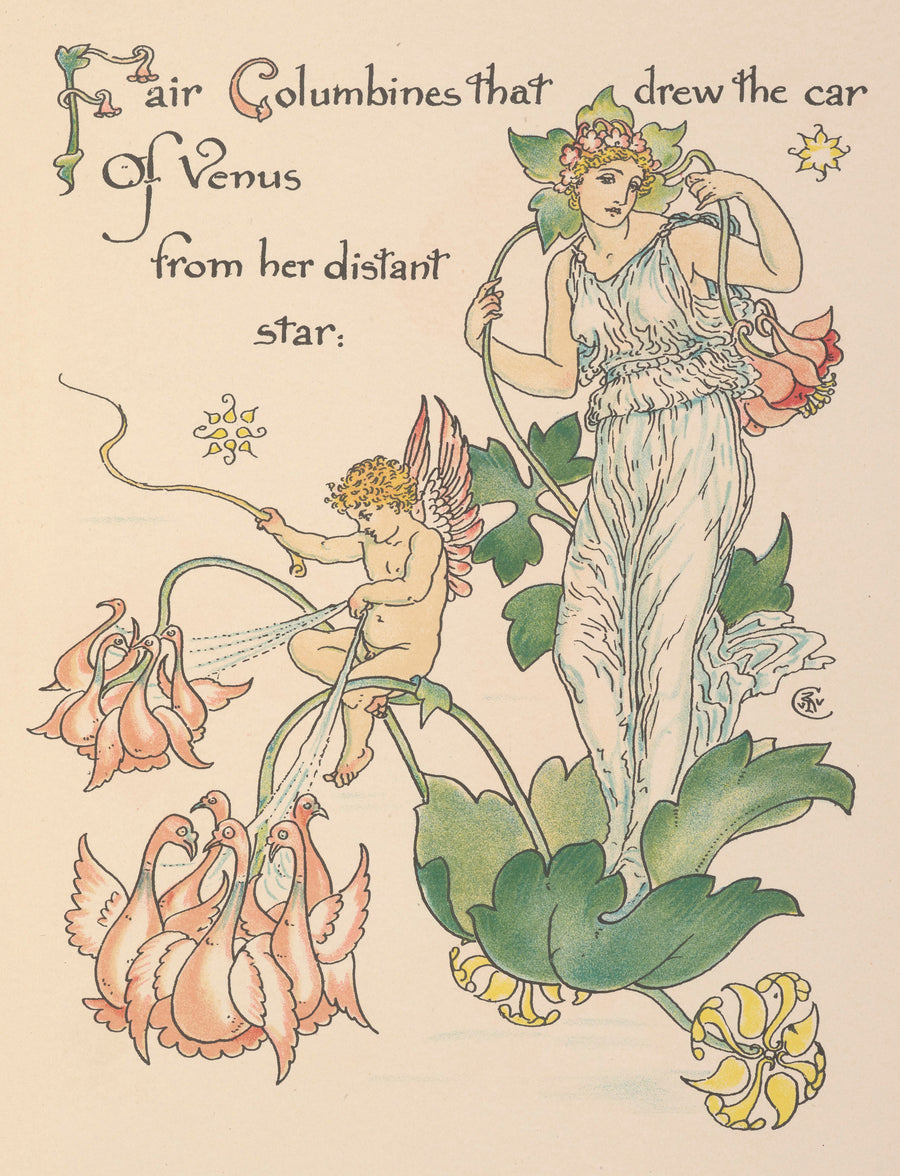 Walter Crane — Flora's Feast: Columbines | Art Nouveau Print shown to scale on a wall above a sofa