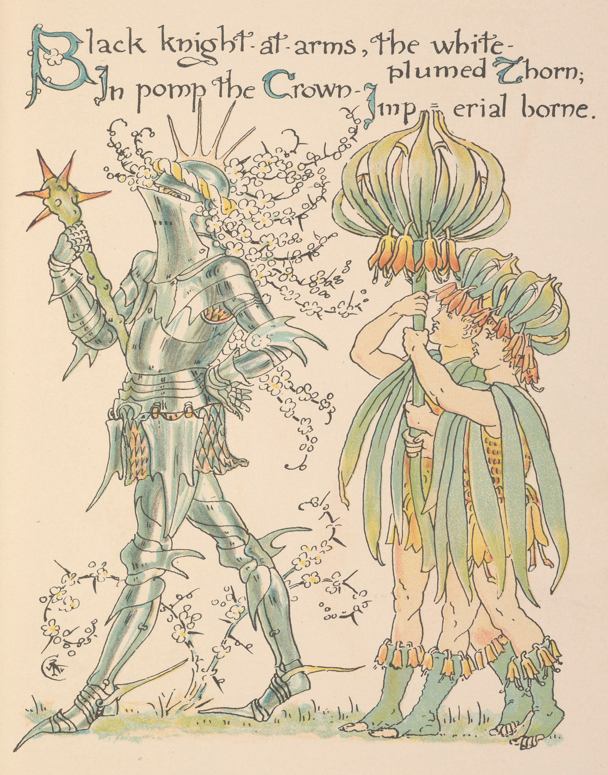 Flora's Feast: Crown Imperial by Walter Crane — A silver knight in blossom spray beside children with a crown imperial