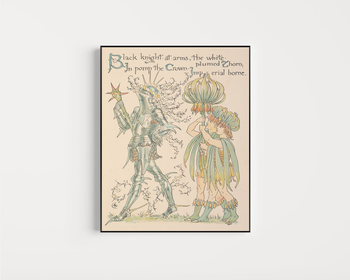 Framed art print of Flora's Feast: Crown Imperial by Walter Crane, in a slim black frame on a plain white wall