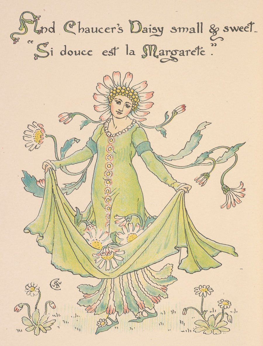 Walter Crane — Flora's Feast: Daisy | Art Nouveau Print shown to scale on a wall above a sofa