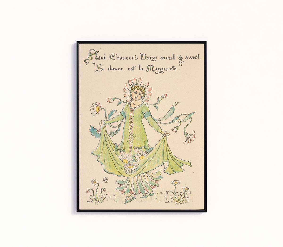 Framed art print of Flora's Feast: Daisy by Walter Crane, in a slim black frame on a plain white wall