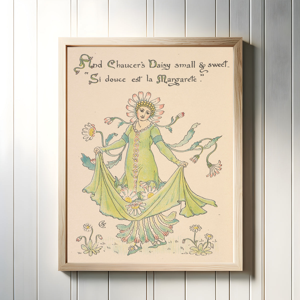 Framed art print of Flora's Feast: Daisy by Walter Crane, in a light wood frame on a white panelled wall