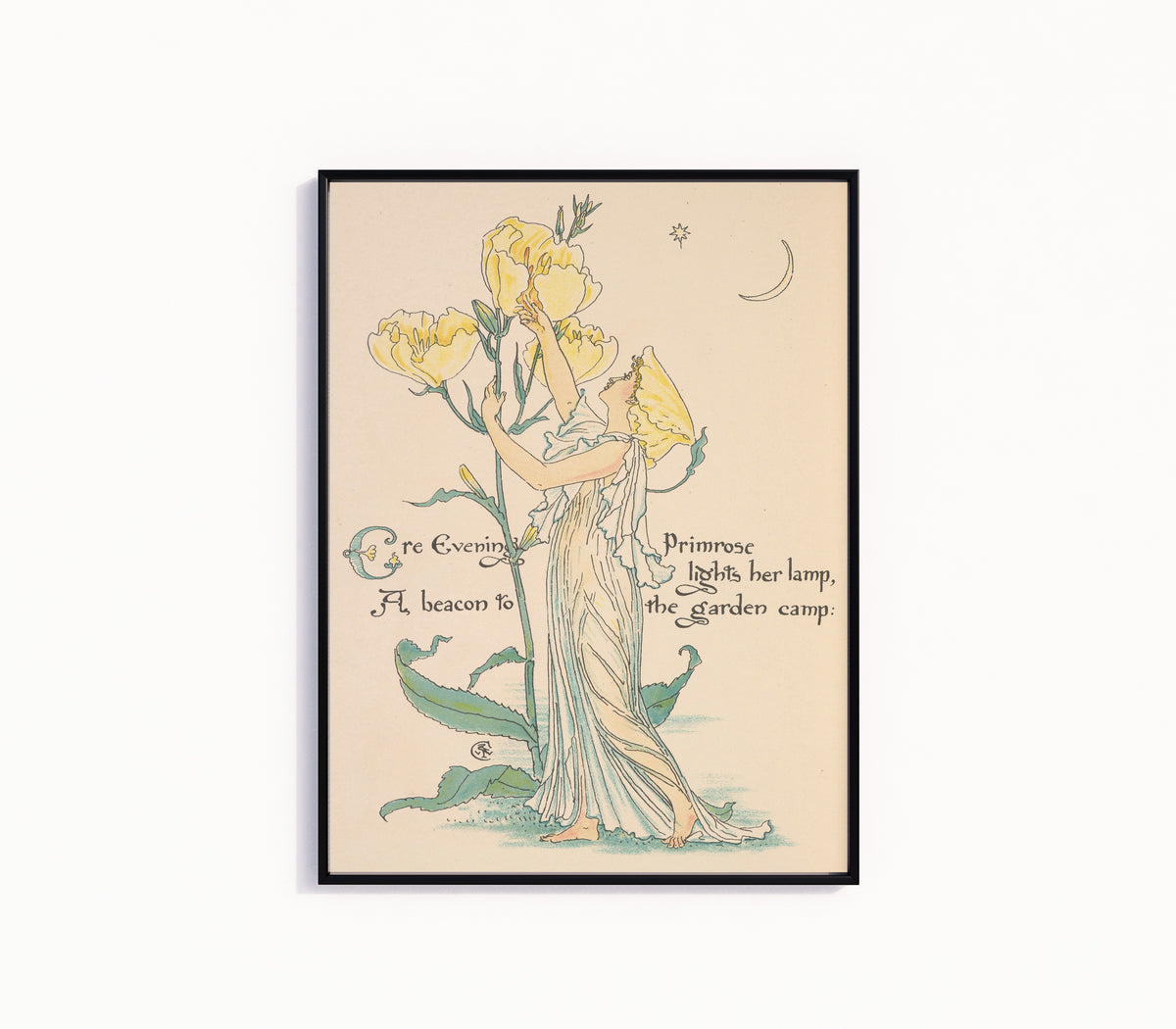 Framed art print of Flora's Feast: Evening Primrose by Walter Crane, in a slim black frame on a plain white wall