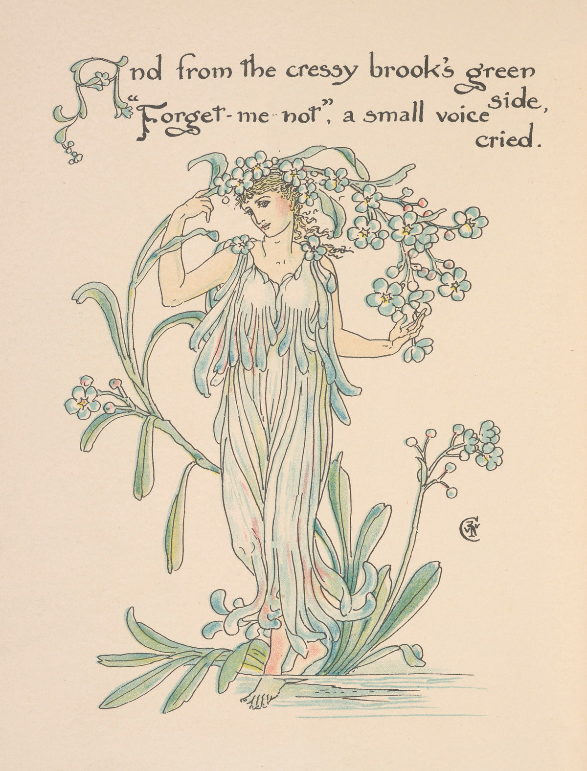 Flora's Feast: Forget-me-not by Walter Crane — A woman crowned in forget-me-nots wades beside a stream