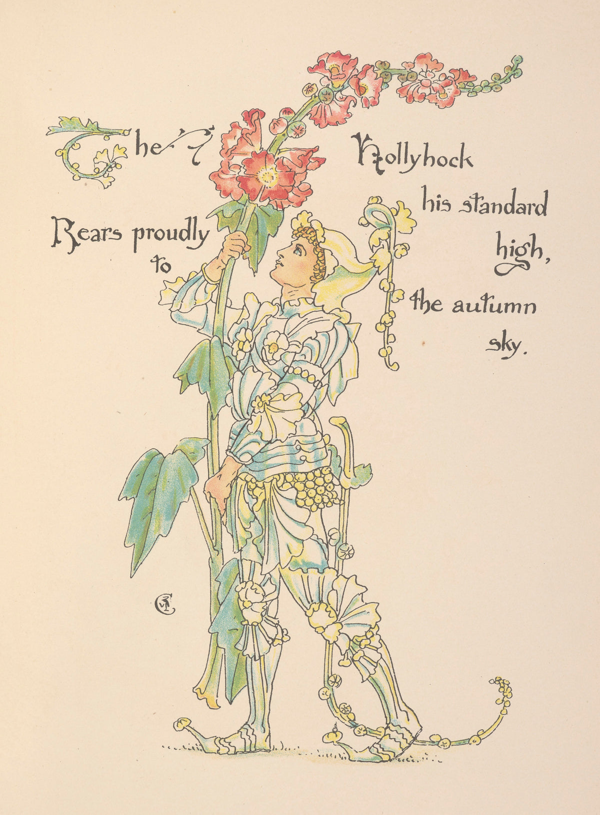 Flora's Feast: Hollyhock by Walter Crane — A youth in a petal-frilled suit lifts a hollyhock like a banner