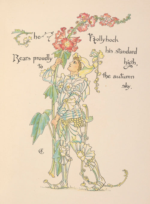 Flora's Feast: Hollyhock by Walter Crane — A youth in a petal-frilled suit lifts a hollyhock like a banner