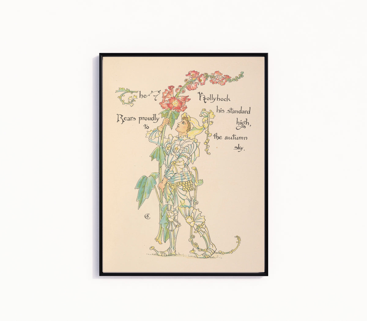 Framed art print of Flora's Feast: Hollyhock by Walter Crane, in a slim black frame on a plain white wall