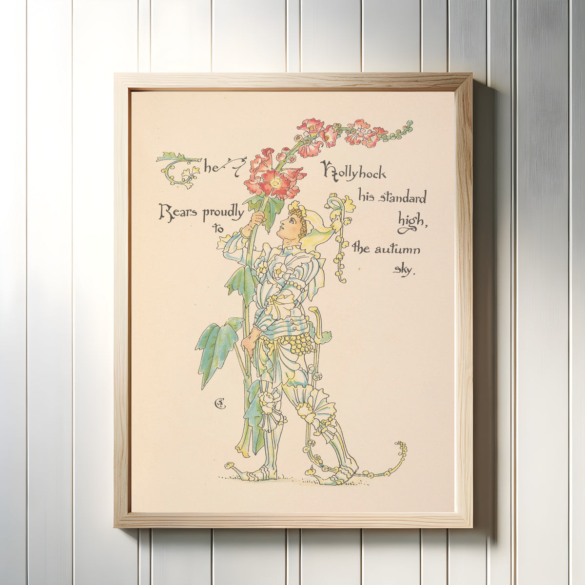 Framed art print of Flora's Feast: Hollyhock by Walter Crane, in a light wood frame on a white panelled wall