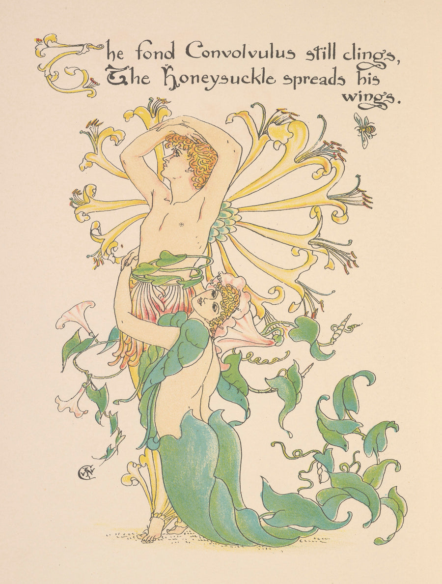 Walter Crane — Flora's Feast: Honeysuckle | Art Nouveau Print shown to scale on a wall above a sofa