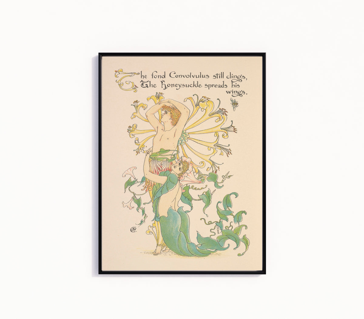 Framed art print of Flora's Feast: Honeysuckle by Walter Crane, in a slim black frame on a plain white wall