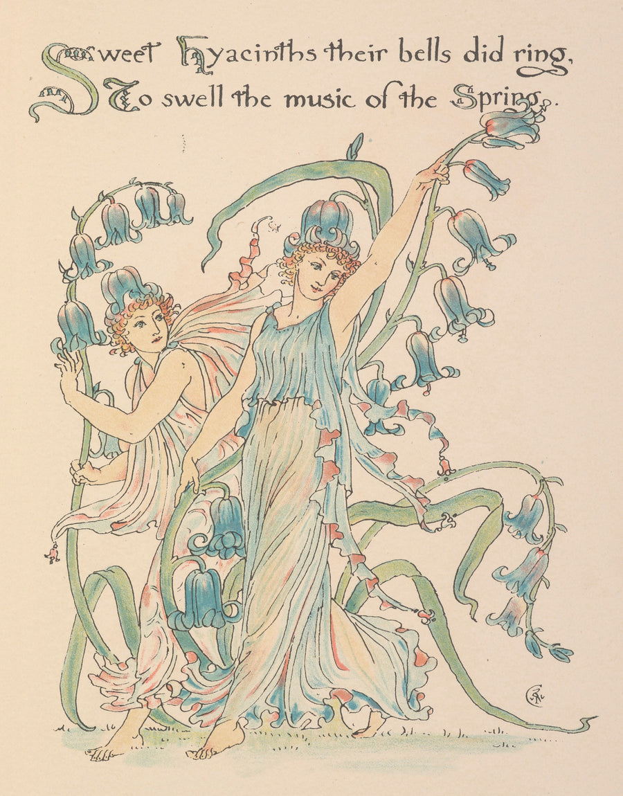 Walter Crane — Flora's Feast: Hyacinths | Art Nouveau Print shown to scale on a wall above a sofa