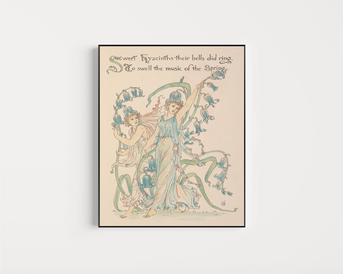 Framed art print of Flora's Feast: Hyacinths by Walter Crane, in a slim black frame on a plain white wall