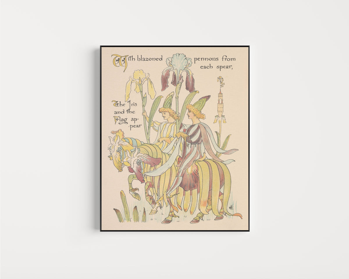Framed art print of Flora's Feast: Iris by Walter Crane, in a slim black frame on a plain white wall