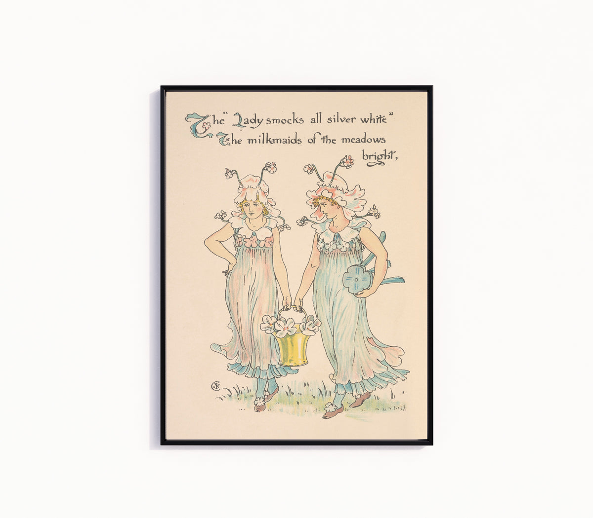 Framed art print of Flora's Feast: Lady-smocks by Walter Crane, in a slim black frame on a plain white wall