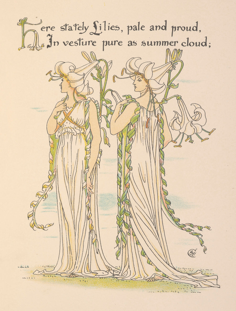 Walter Crane — Flora's Feast: Lilies | Art Nouveau Print shown to scale on a wall above a sofa
