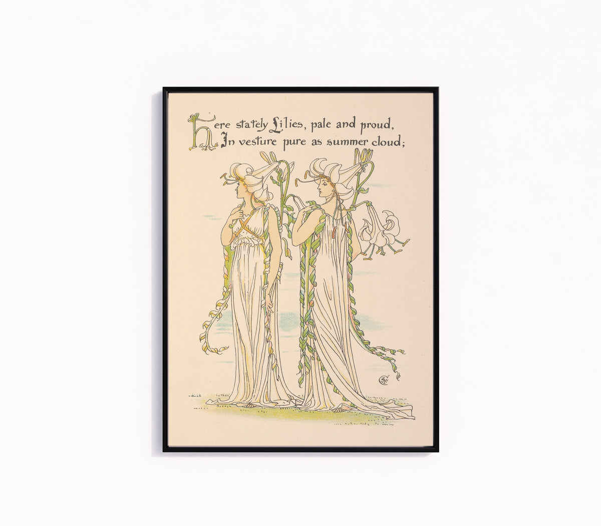 Framed art print of Flora's Feast: Lilies by Walter Crane, in a slim black frame on a plain white wall