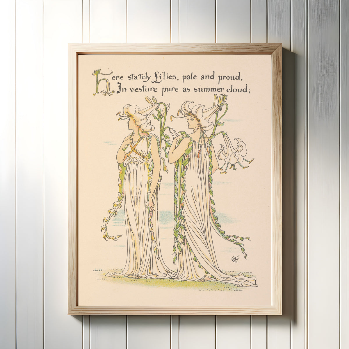 Framed art print of Flora's Feast: Lilies by Walter Crane, in a light wood frame on a white panelled wall