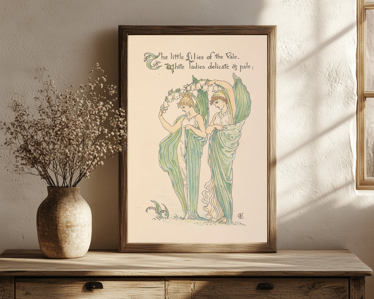Framed art print of Flora's Feast: Lilies of the Vale by Walter Crane, in a dark wood frame leaning on a rustic console beside dried flowers