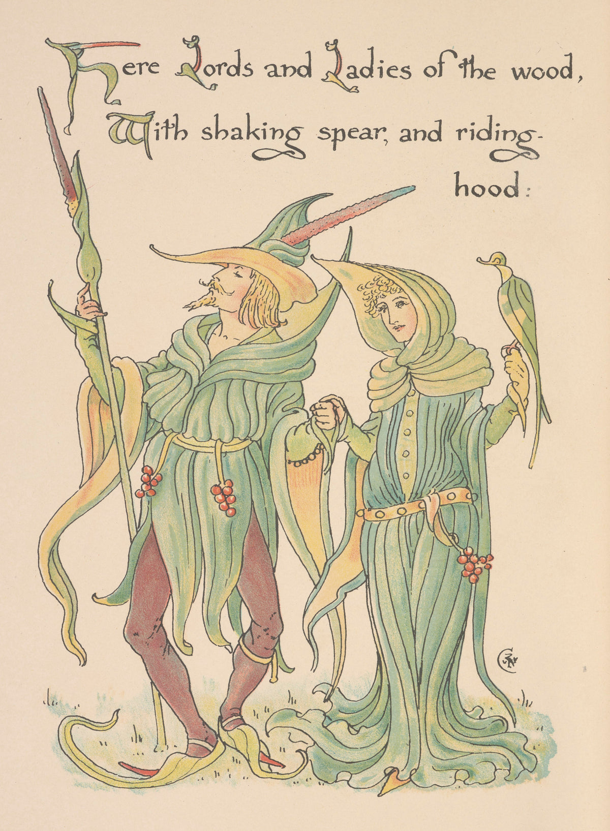 Flora's Feast: Lords and Ladies by Walter Crane — A lord with a spear and a hooded lady with a small bird