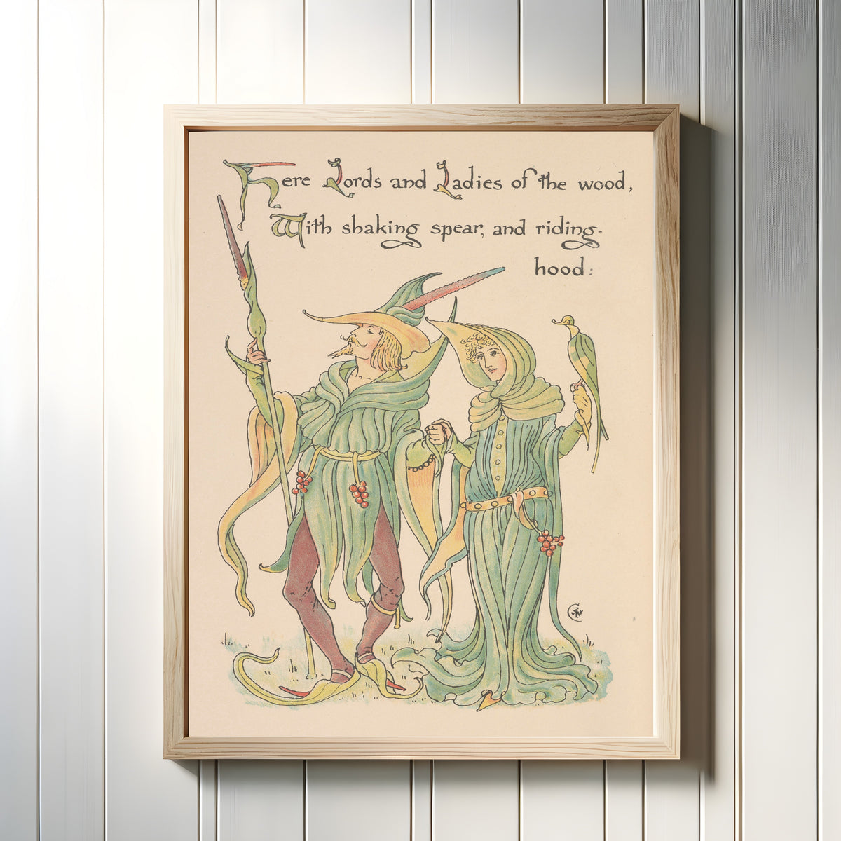 Framed art print of Flora's Feast: Lords and Ladies by Walter Crane, in a light wood frame on a white panelled wall