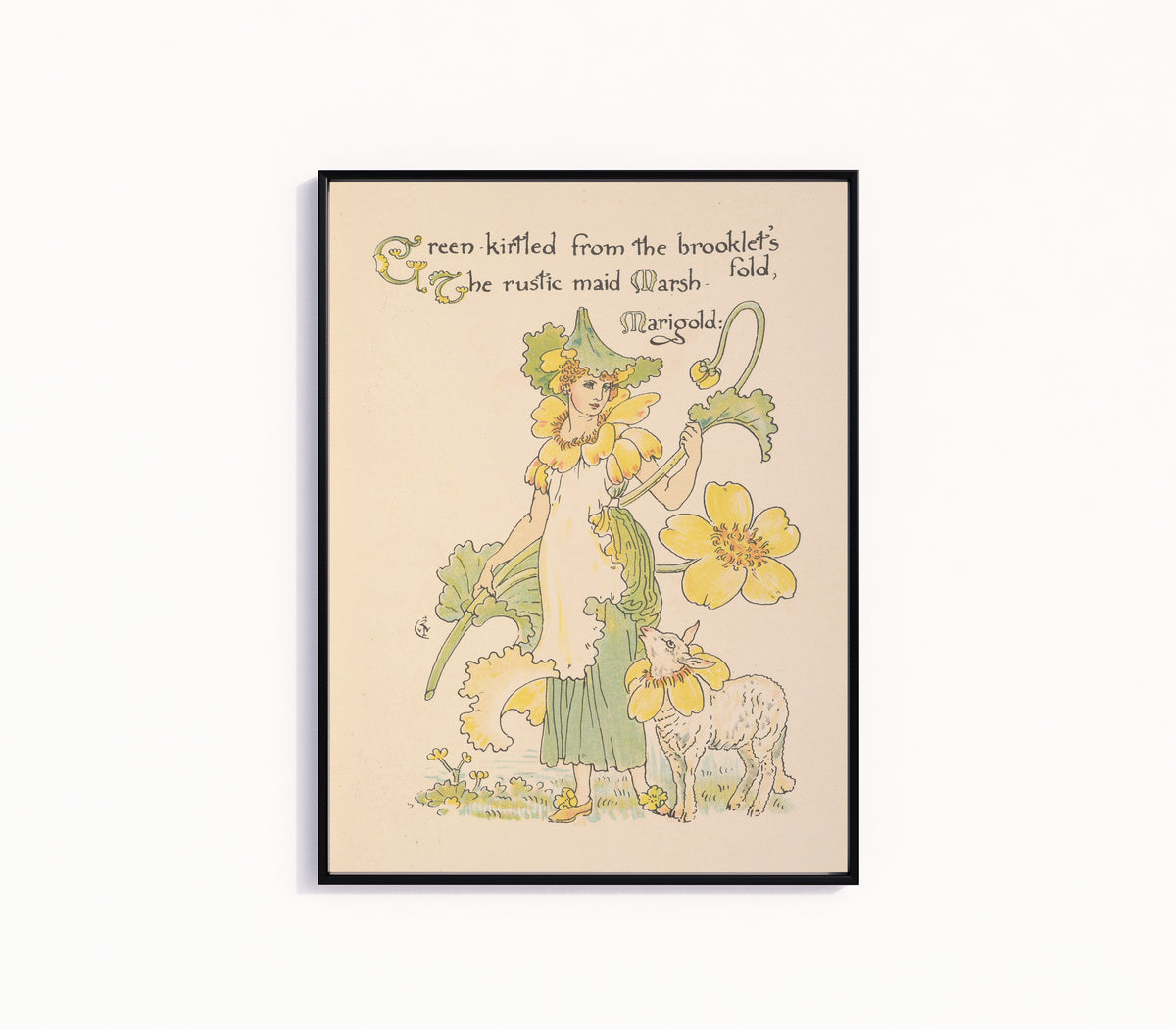 Framed art print of Flora's Feast: Marsh-Marigold by Walter Crane, in a slim black frame on a plain white wall