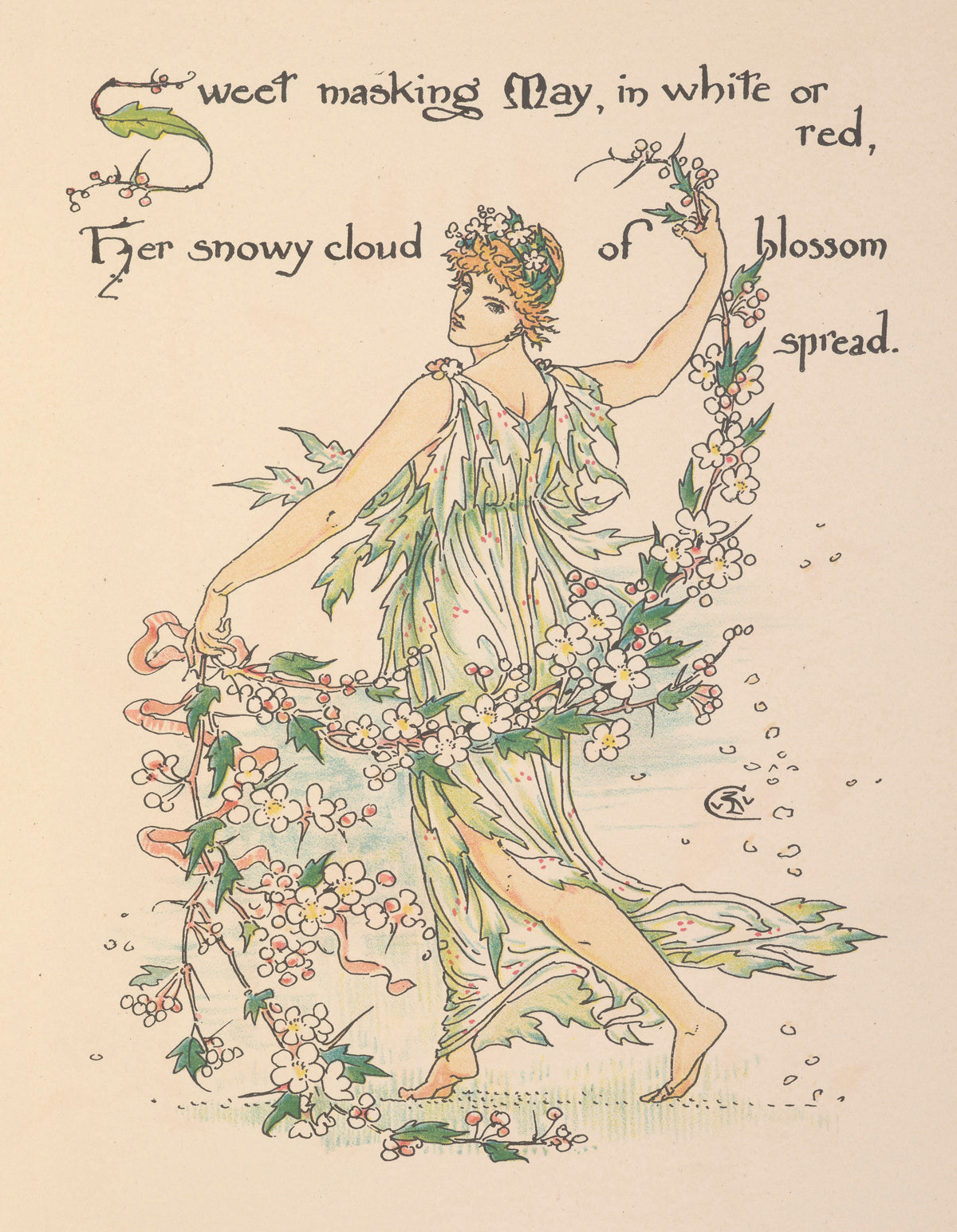 Flora's Feast: May by Walter Crane — A dancer in green leaves lifts a garland of white hawthorn blossom