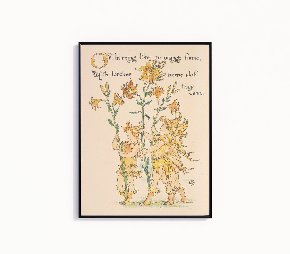 Framed art print of Flora's Feast: Orange Lilies by Walter Crane, in a slim black frame on a plain white wall