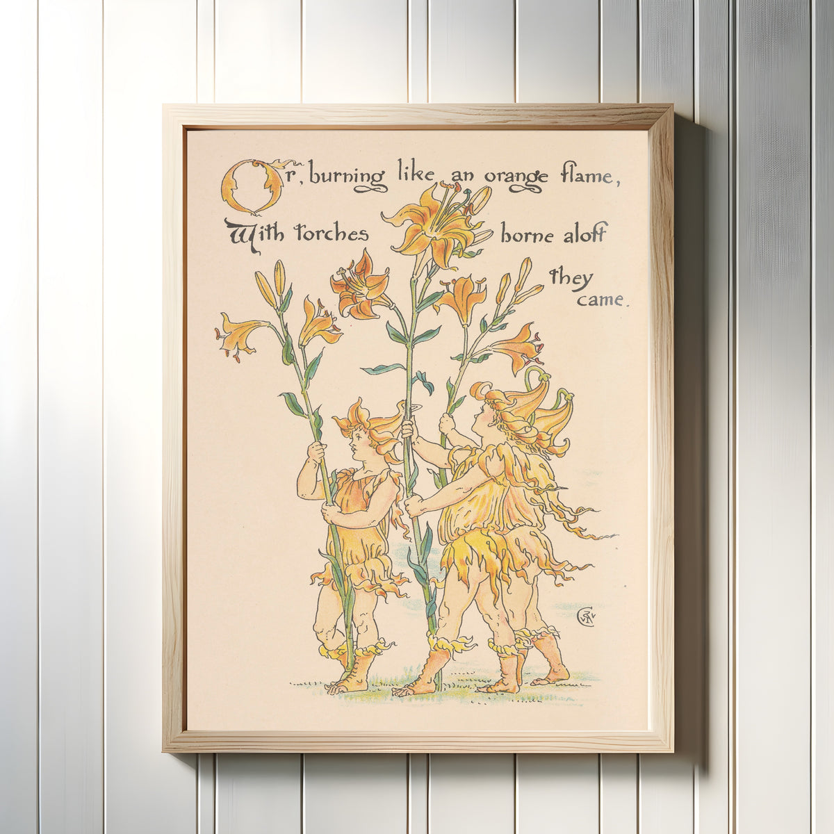 Framed art print of Flora's Feast: Orange Lilies by Walter Crane, in a light wood frame on a white panelled wall