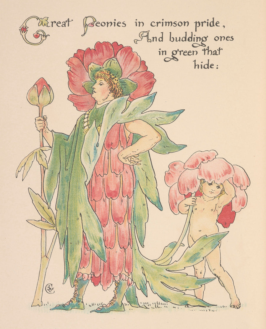 Walter Crane — Flora's Feast: Peonies | Art Nouveau Print shown to scale on a wall above a sofa