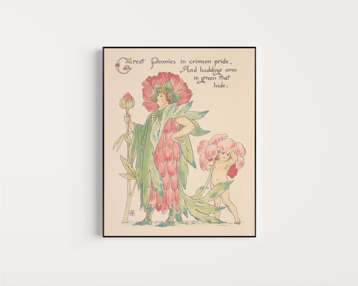 Framed art print of Flora's Feast: Peonies by Walter Crane, in a slim black frame on a plain white wall