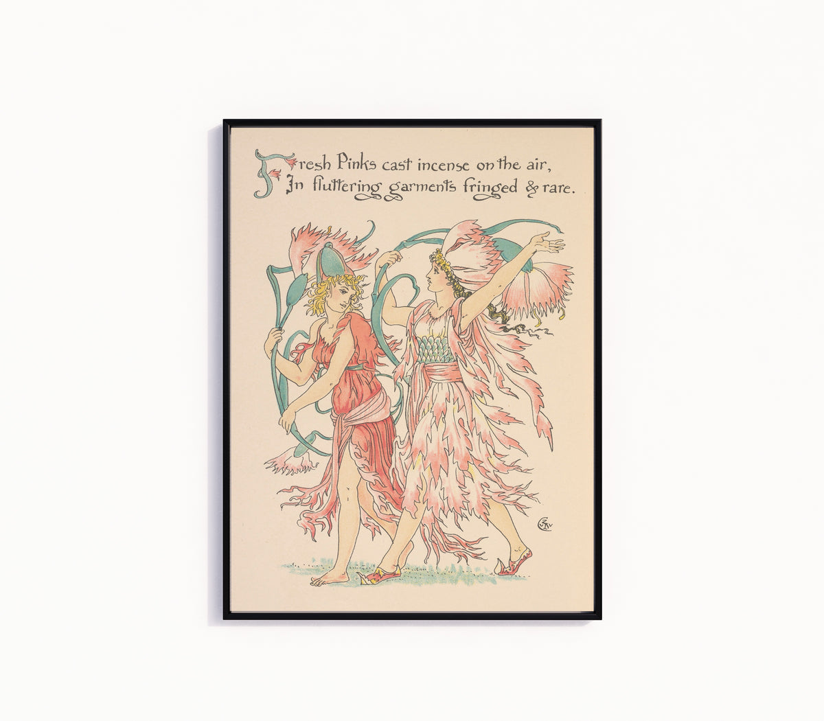 Framed art print of Flora's Feast: Pinks by Walter Crane, in a slim black frame on a plain white wall