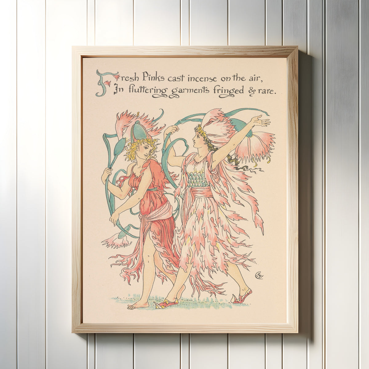 Framed art print of Flora's Feast: Pinks by Walter Crane, in a light wood frame on a white panelled wall