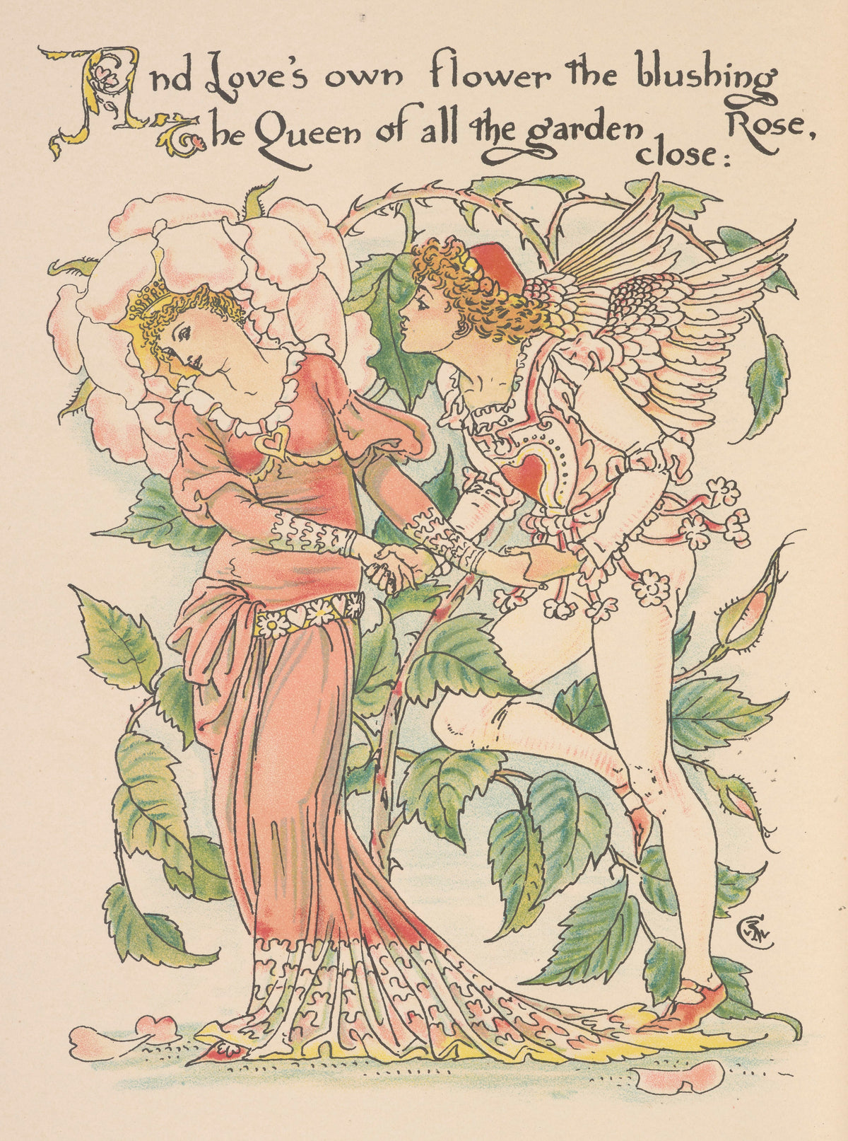 Flora's Feast: Rose by Walter Crane — A queen of roses and a winged youth clasp hands among thorns