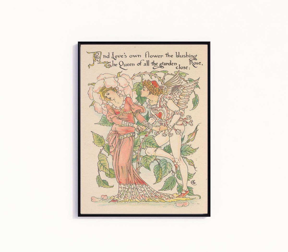 Framed art print of Flora's Feast: Rose by Walter Crane, in a slim black frame on a plain white wall