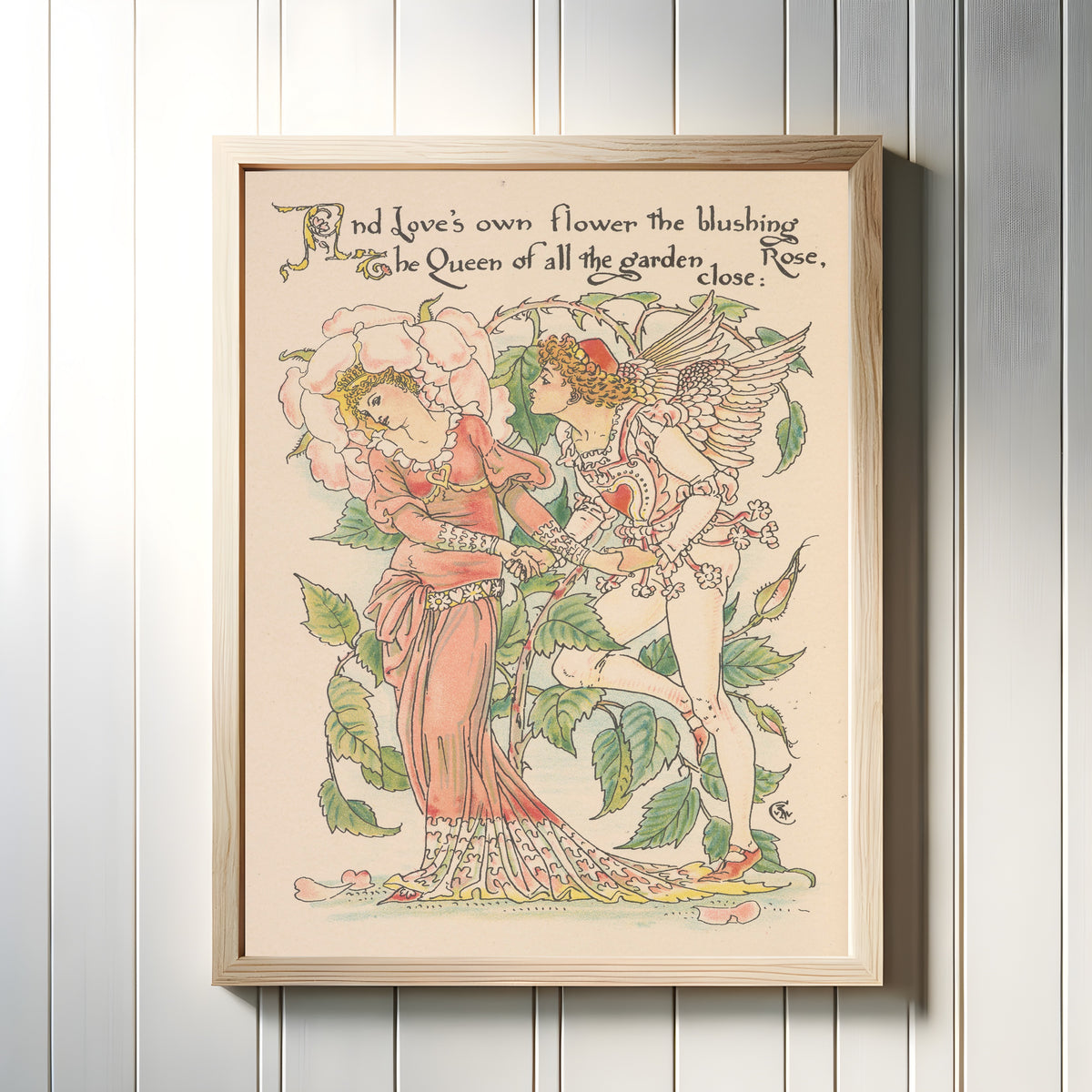 Framed art print of Flora's Feast: Rose by Walter Crane, in a light wood frame on a white panelled wall