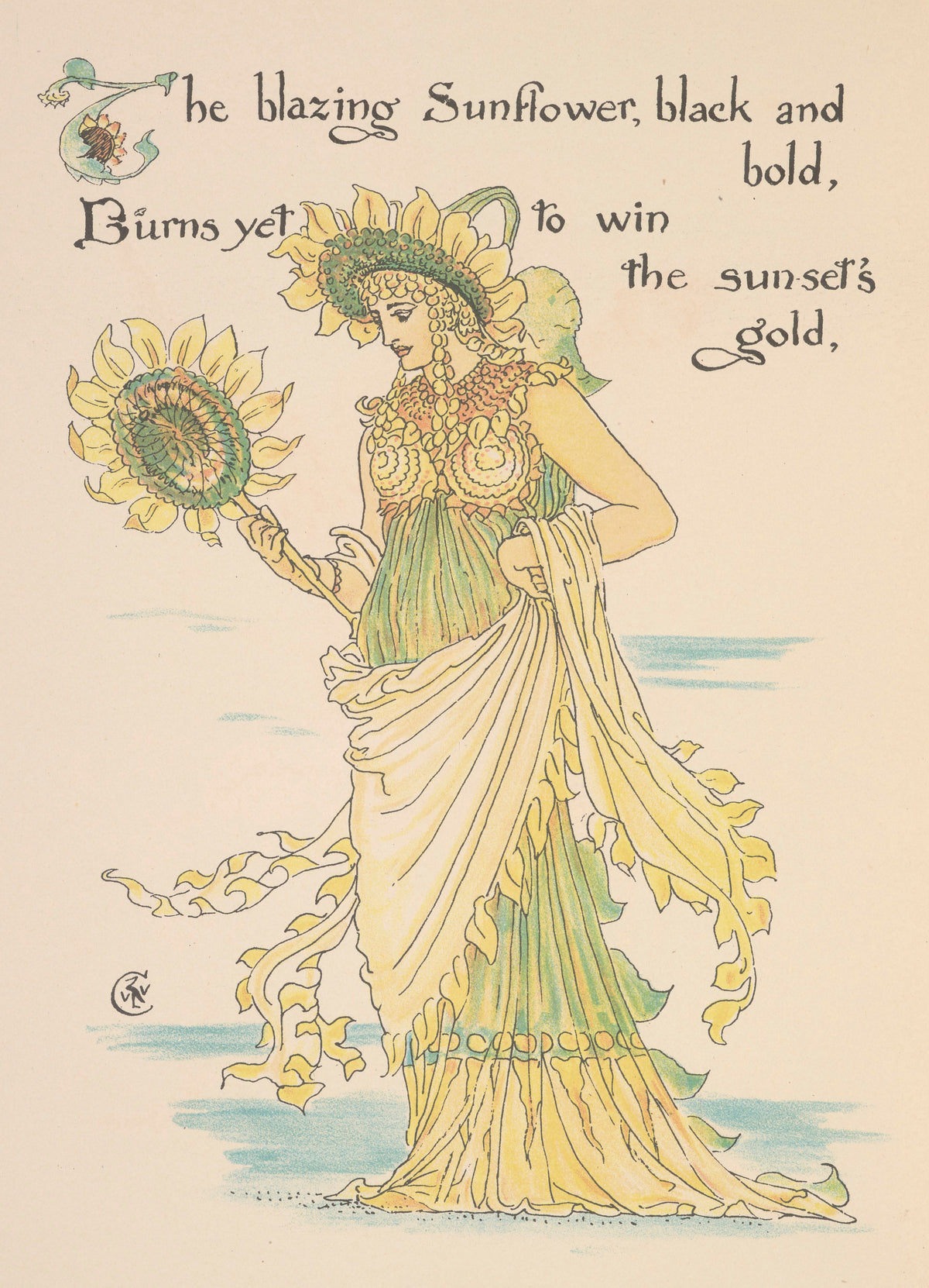 Flora's Feast: Sunflower by Walter Crane — A woman in sunflower petals and gold drapery gazes at her bloom