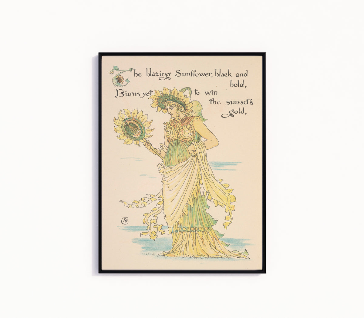 Framed art print of Flora's Feast: Sunflower by Walter Crane, in a slim black frame on a plain white wall