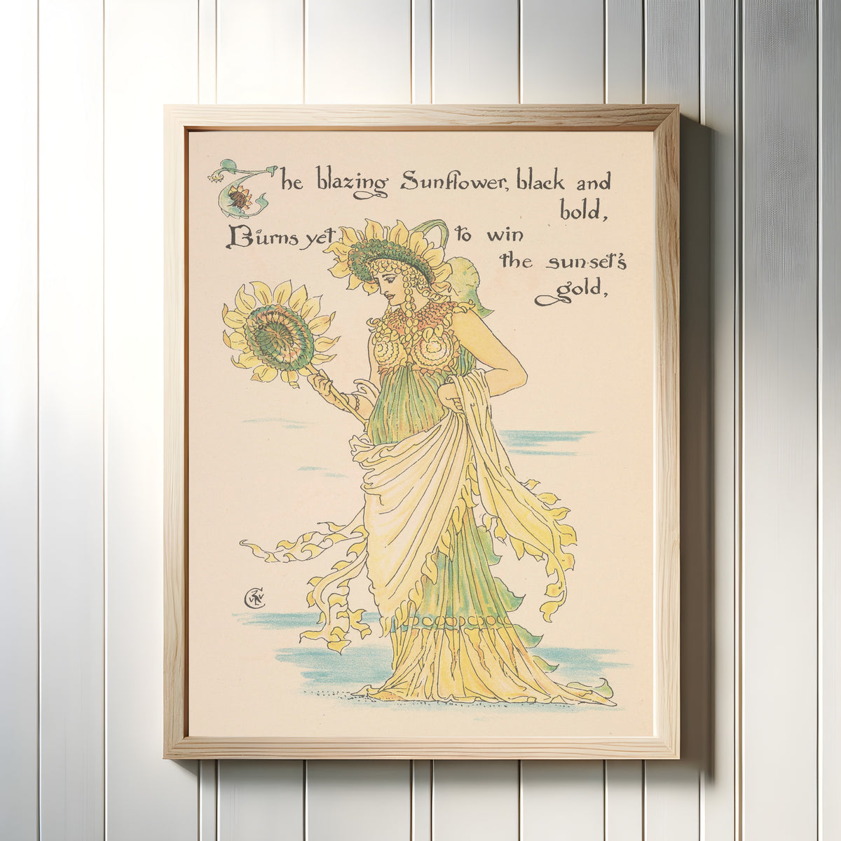 Framed art print of Flora's Feast: Sunflower by Walter Crane, in a light wood frame on a white panelled wall