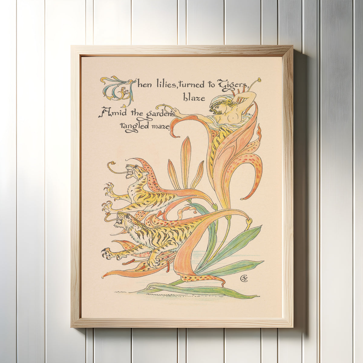 Framed art print of Flora's Feast: Tiger Lilies by Walter Crane, in a light wood frame on a white panelled wall