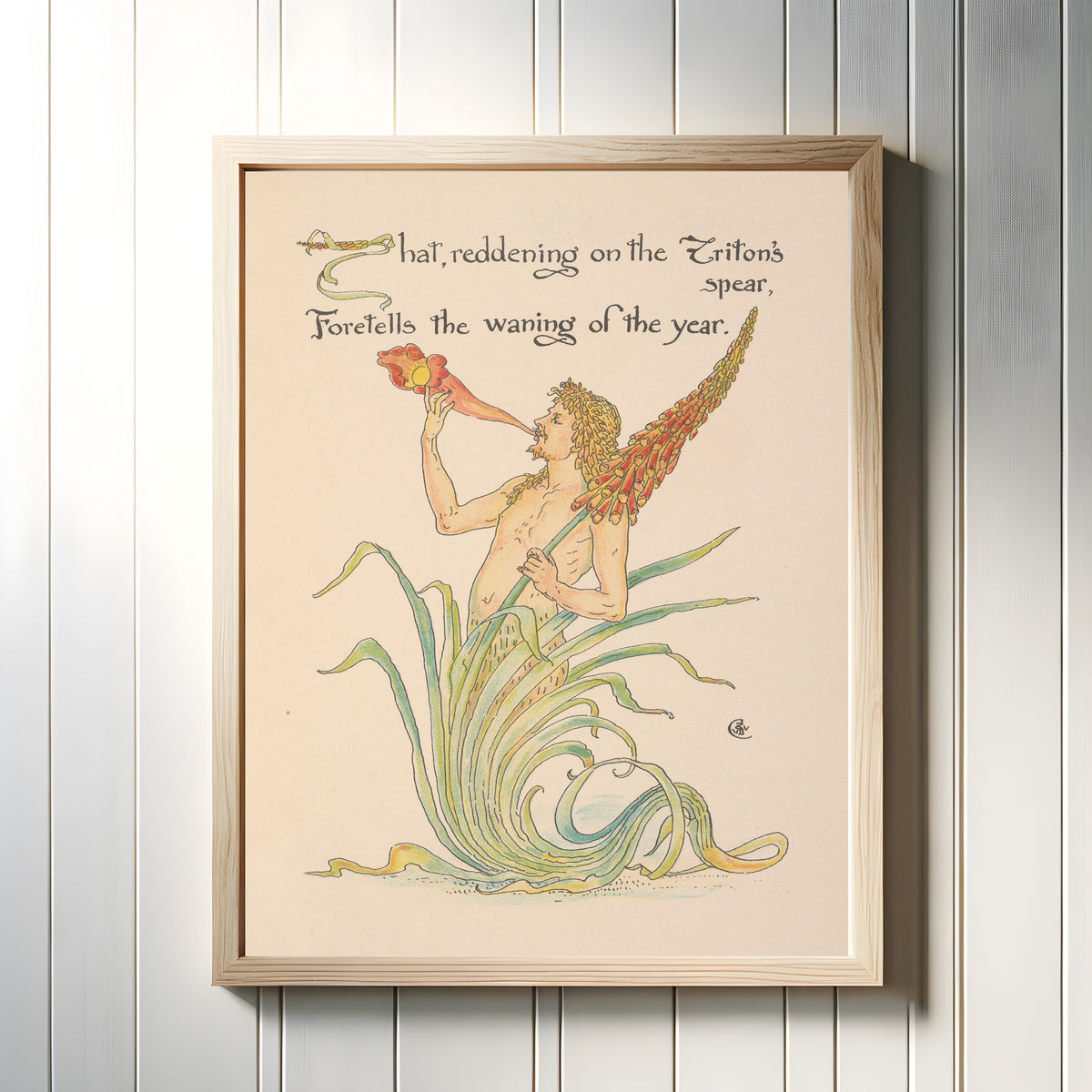 Framed art print of Flora's Feast: Triton's Spear by Walter Crane, in a light wood frame on a white panelled wall
