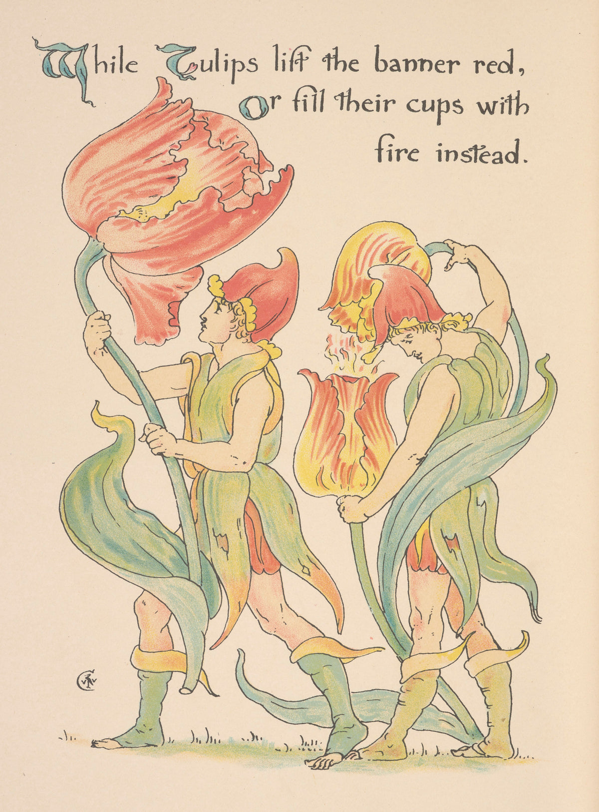 Flora's Feast: Tulips by Walter Crane — Two tulip youths carry a red banner and a cup of fire