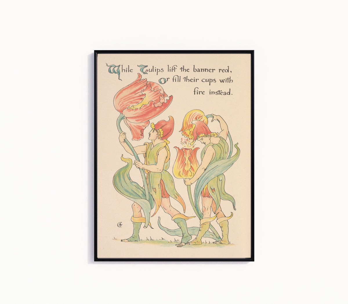 Framed art print of Flora's Feast: Tulips by Walter Crane, in a slim black frame on a plain white wall